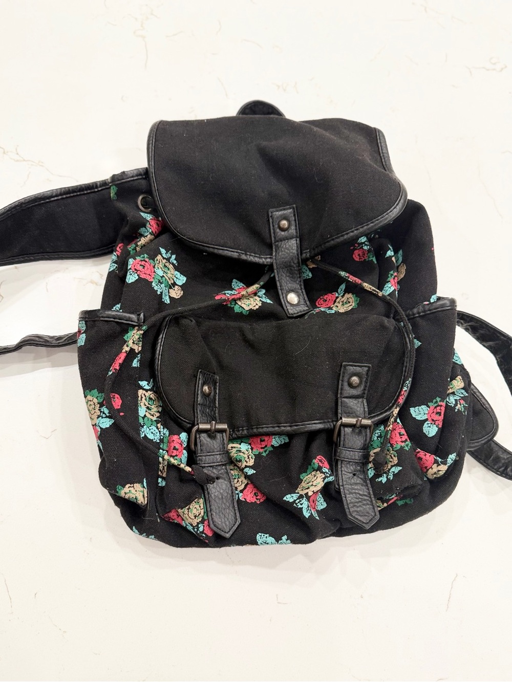 Empyre Black Canvas Floral Backpack with Red & Teal Accents